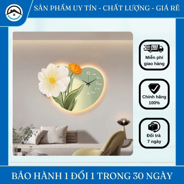 Đồng Hồ Treo Tường Nghệ Thuật Hoa 3D Kèm Đèn LED